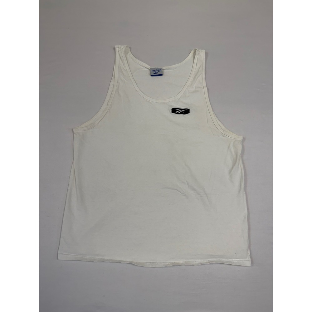 Vintage Reebok White Cotton Tank Top Made in USA Mens Large Vector Logo Patch
